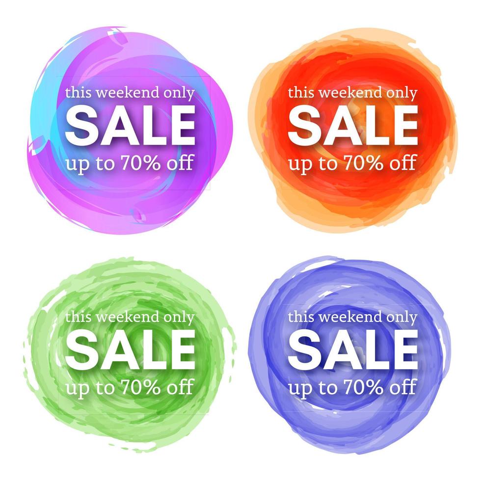 Set of Four Sale this weekend only up to 70 off sign with shadow over red watercolor spot. Vector illustration.