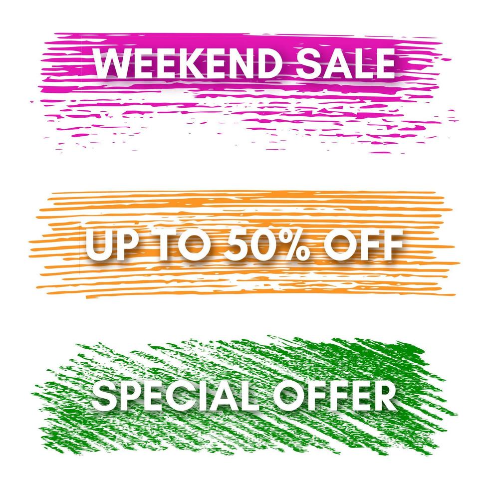 Weekend Sale, Up to 50 off, Special Offer. Set of three sale banners on the colorful painted spots. Vector illustration