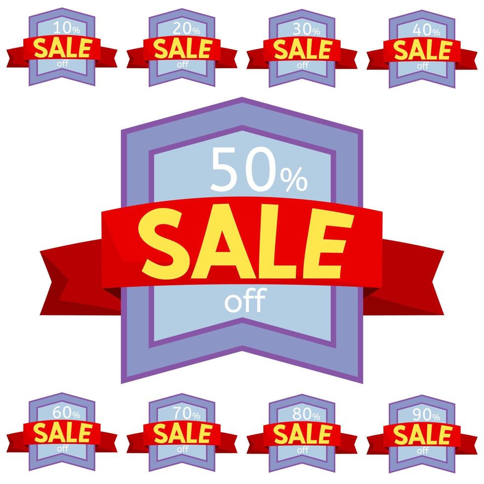 Set of discount stickers. Violet badges with red ribbon for sale 10 - 90 percent off. Vector illustration.