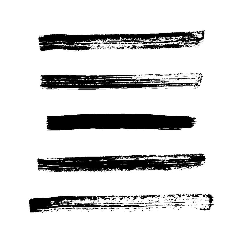 Black grunge brush strokes. Set of five painted ink stripes. Ink spot isolated on white background. Vector illustration