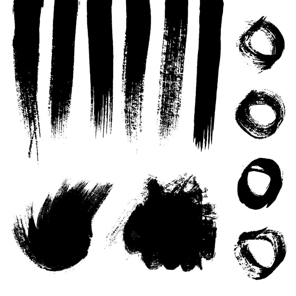 Black grunge brush strokes. Set of painted wavy ink stripes and stains. Ink spot isolated on white background. Vector illustration