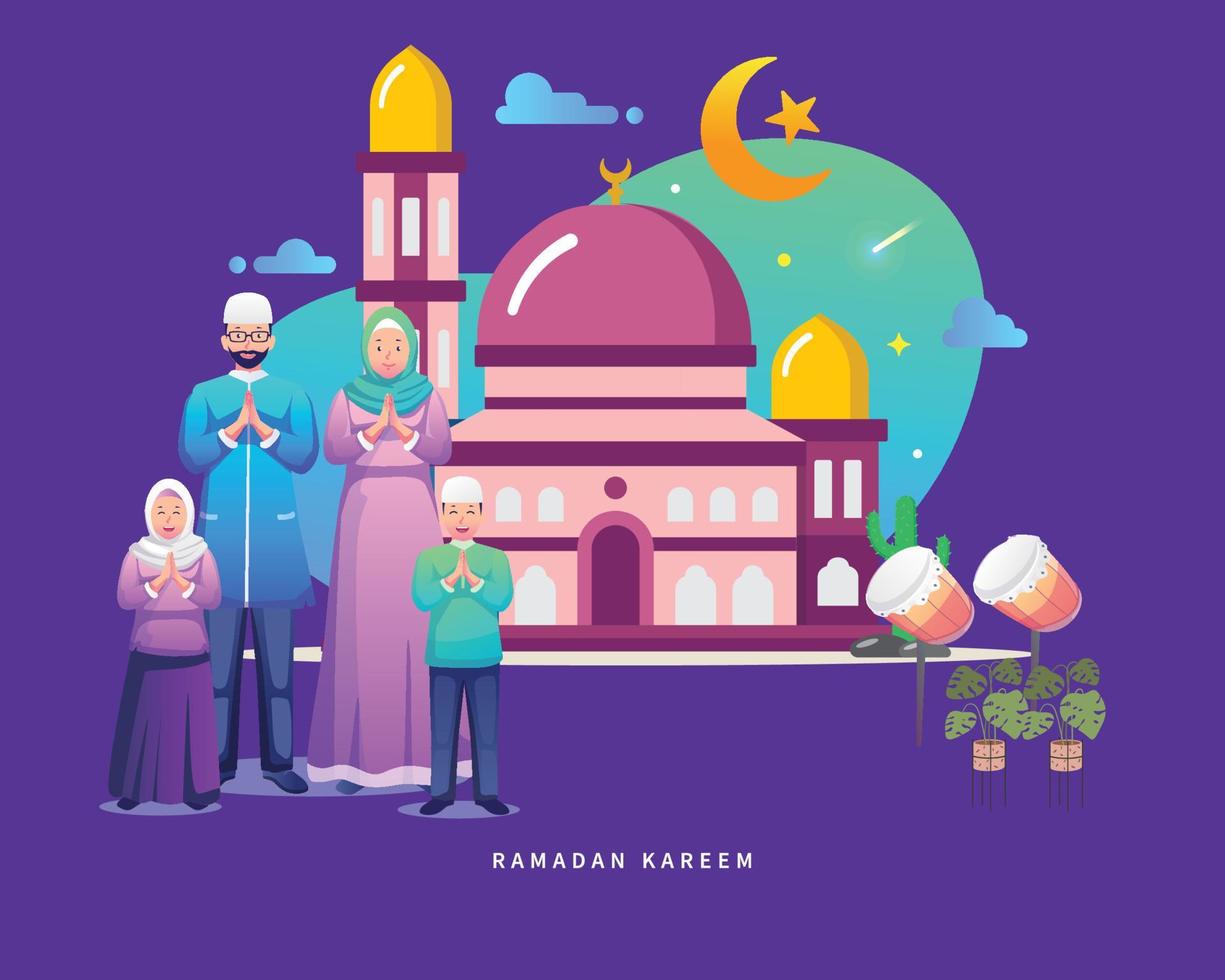 musulmán familia . disfrutando Ramadán kareem Mubarak juntos en felicidad durante ayuno. plano estilo vector ilustración