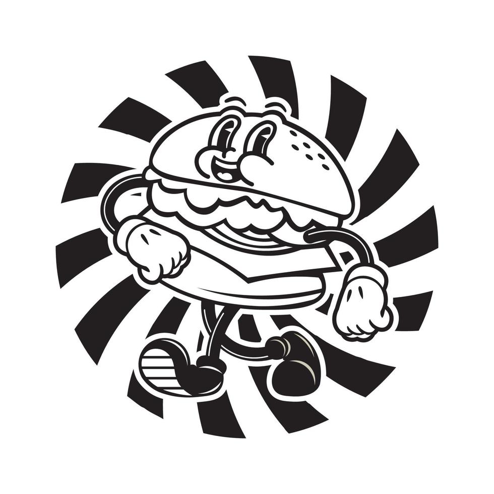 Walking burger character vector illustration in retro 30's cartoon style, perfect for t shirt design and fast food logo