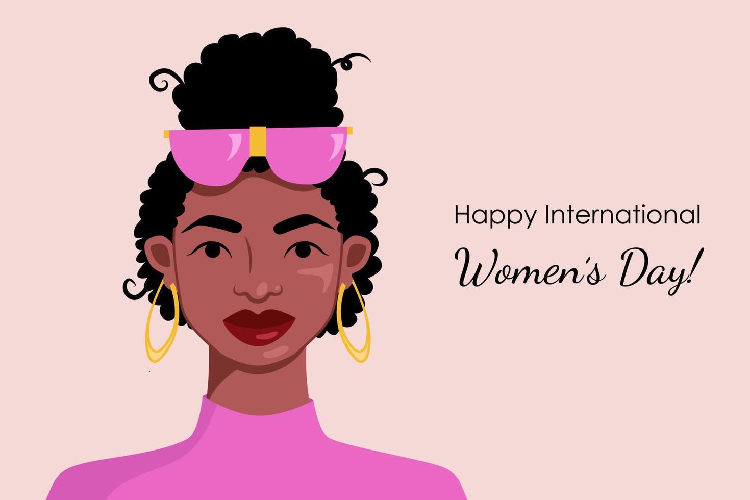 A Women's Day invitation with african black woman in fancy dressing and accessories, smiling. Vector portrait, black ethnicity, girl's day greeting card with text.