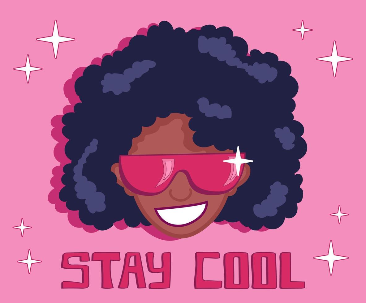 Black girl with curvy hair in purple sunglasses, smiling face in groovy style with Stay Cool phrase in retro lettering, disco style vector banner, illustration, poster for parties.