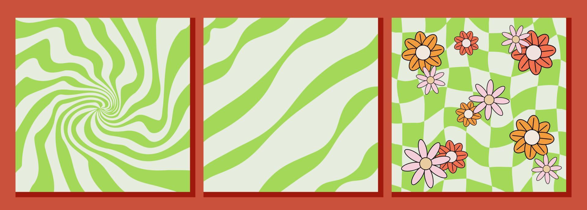 Tres maravilloso plantillas, verde telones de fondo con distorsionado espiral, diagonal líneas y ajedrez tablero con flores, vector retro antecedentes en 1970 estilo.