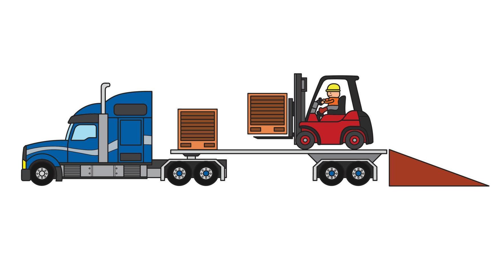 Vector illustration color children construction trailer truck with forklift and boxes