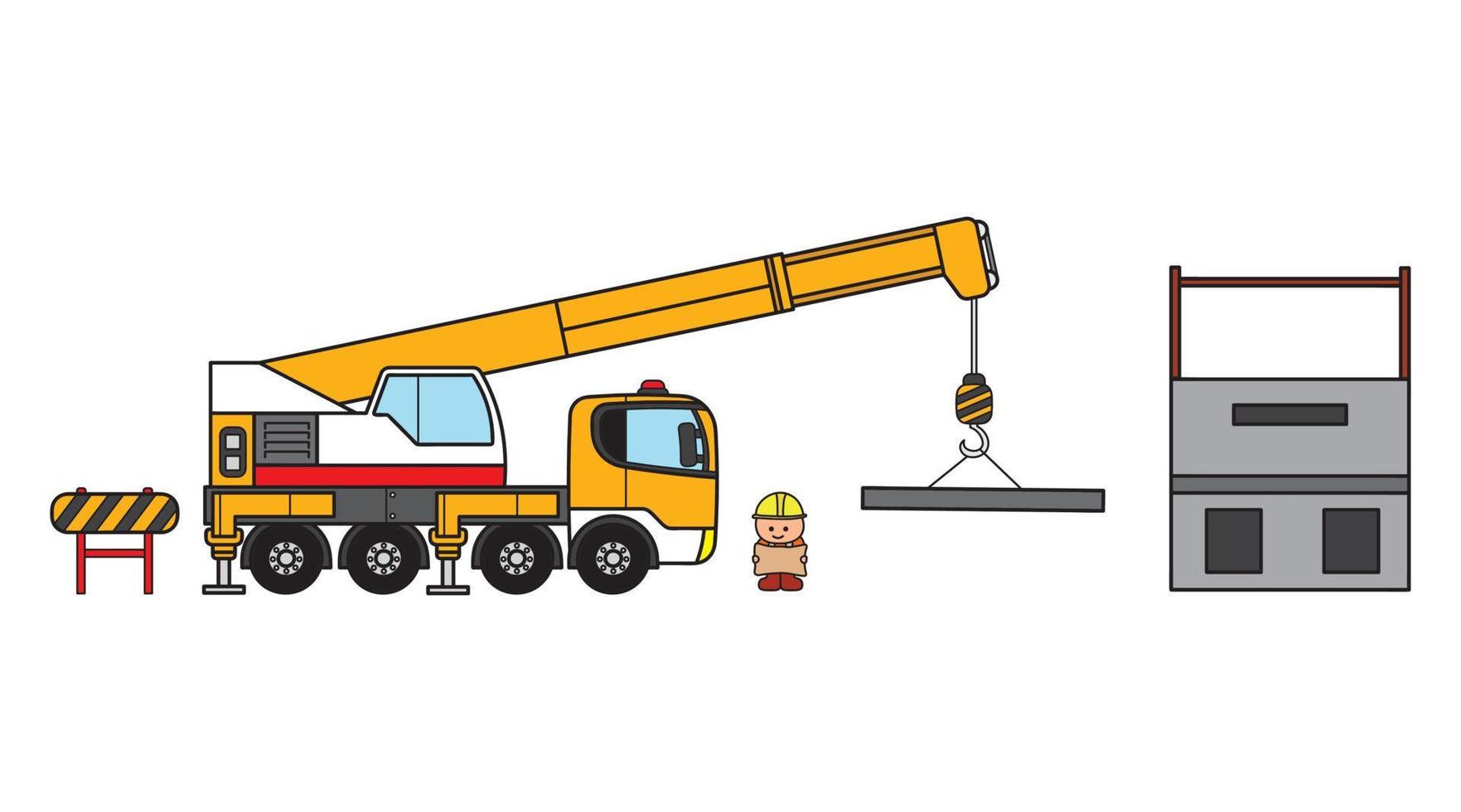 Vector illustration color children construction crane truck with building and construction worker