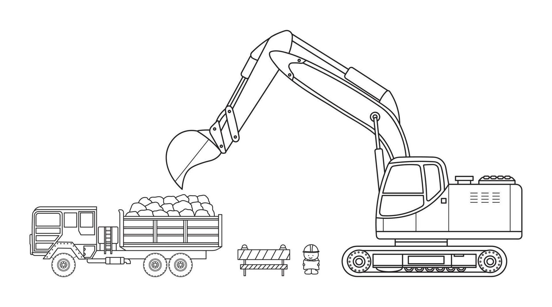 Hand drawn Vector illustration color children construction excavator crawler and dump truck carrying rocks with construction worker clipart