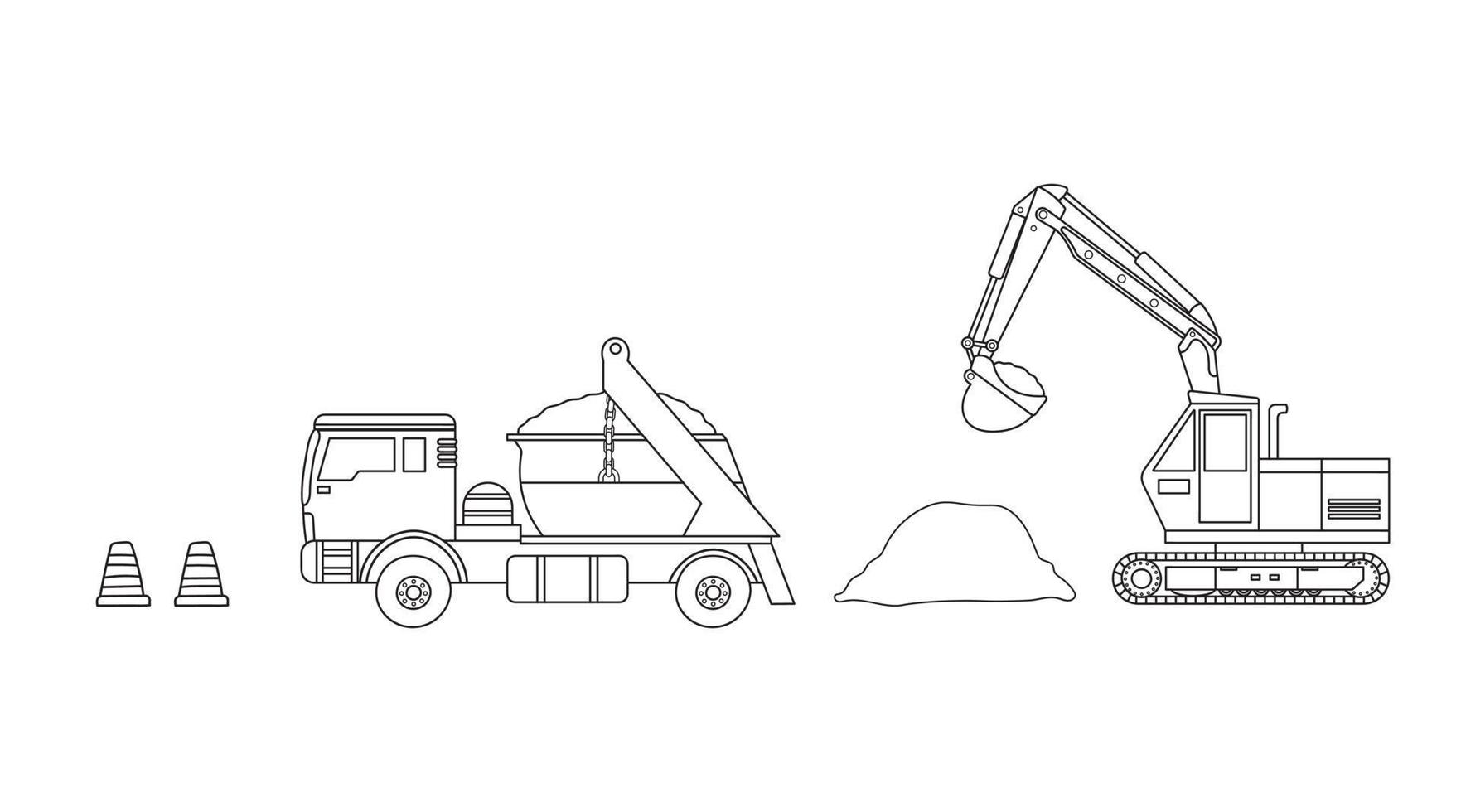 Hand drawn clip art color children set of construction mini excavator, dump truck, and traffic cones vector