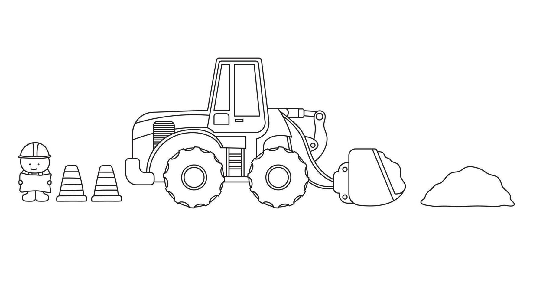 Hand drawn color children construction wheel loader with dirt and construction worker vector