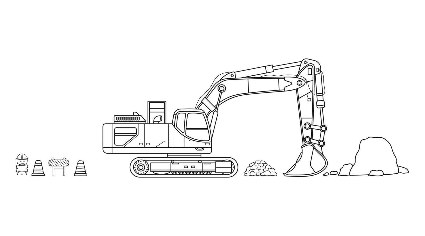 Hand drawn Vector illustration color children Heavy Machinery Excavator Construction Equipment with rocks and construction worker