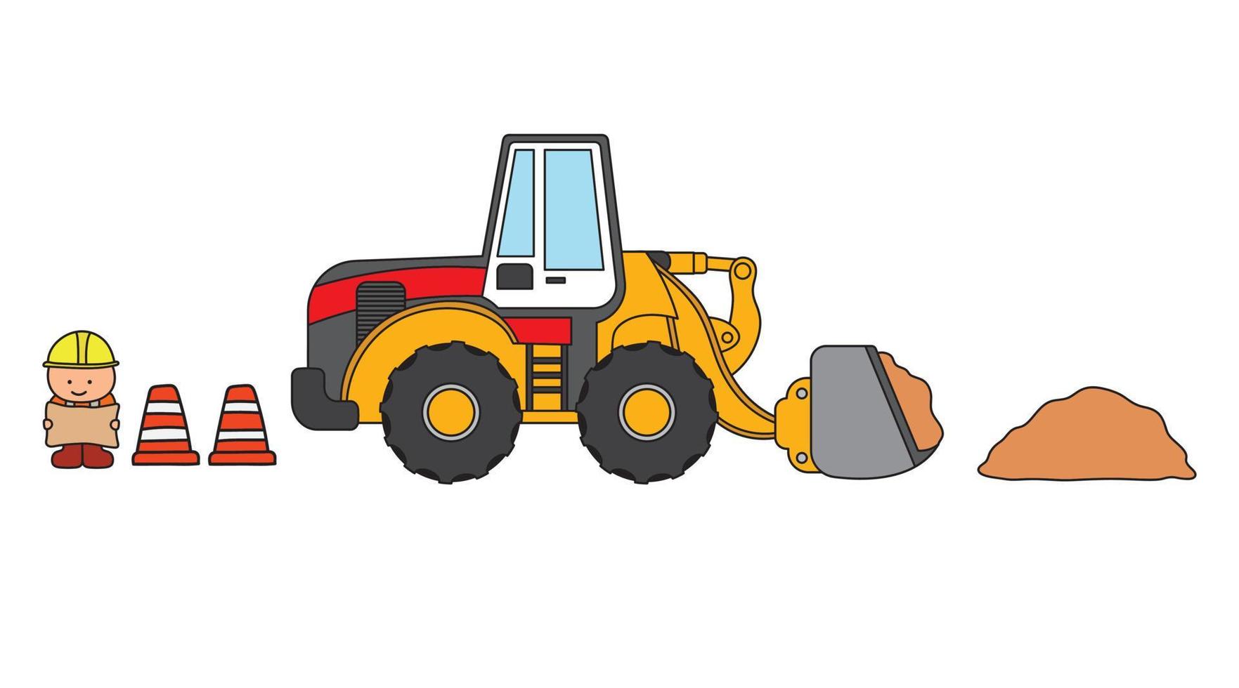 vector ilustración color niños construcción rueda cargador con suciedad y construcción trabajador