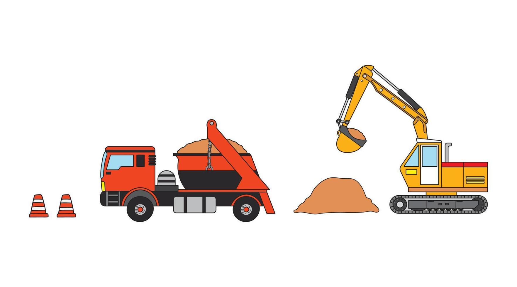 clip art color children set of construction mini excavator, dump truck, and traffic cones vector