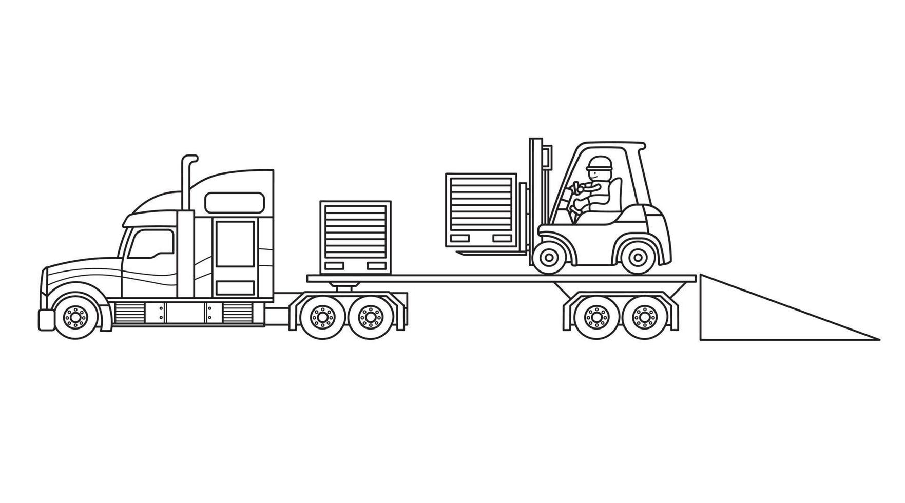 Hand drawn Vector illustration color children construction trailer truck with forklift and boxes