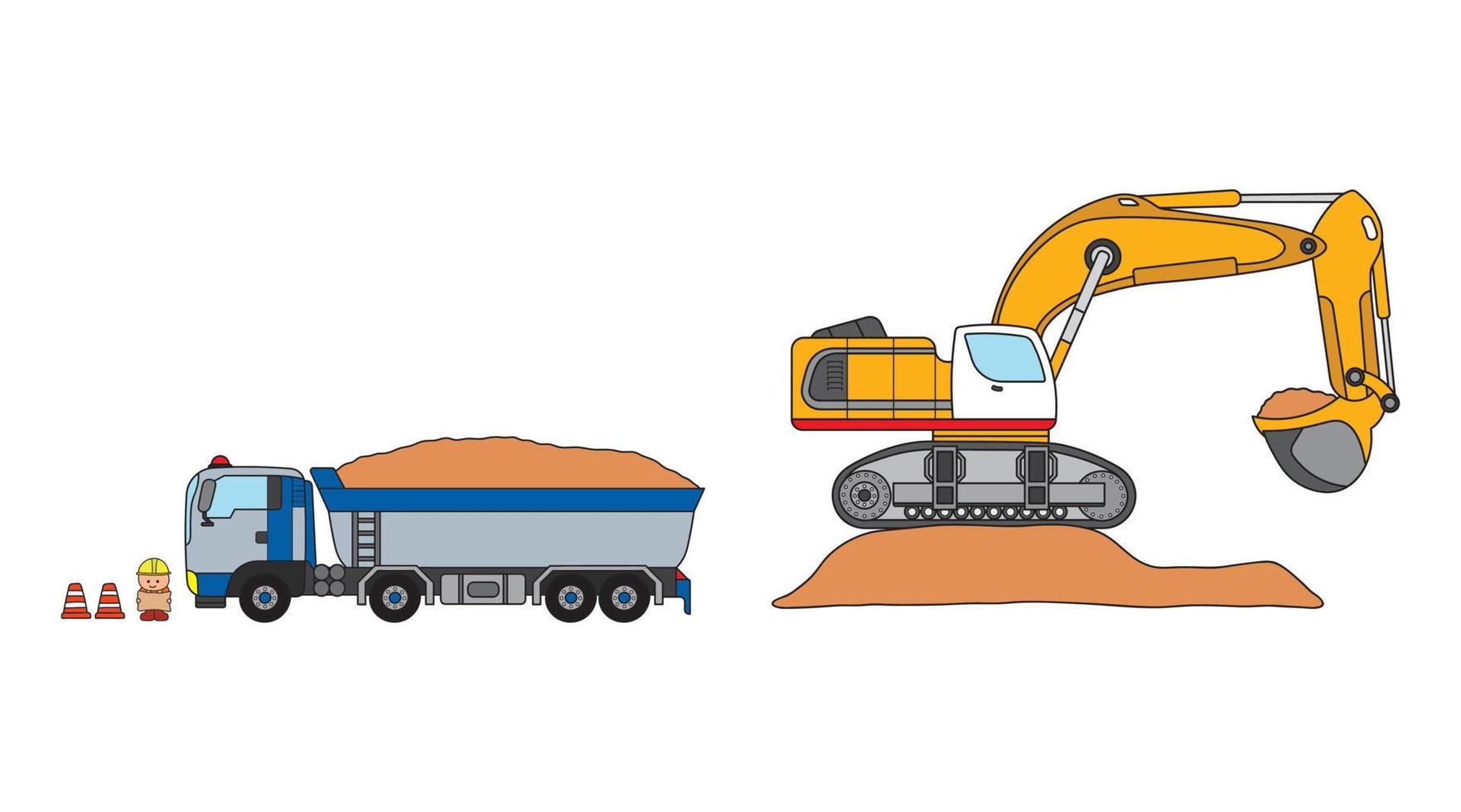 Vector illustration color children construction excavator on top of dirt and dump truck carrying dirt with construction worker