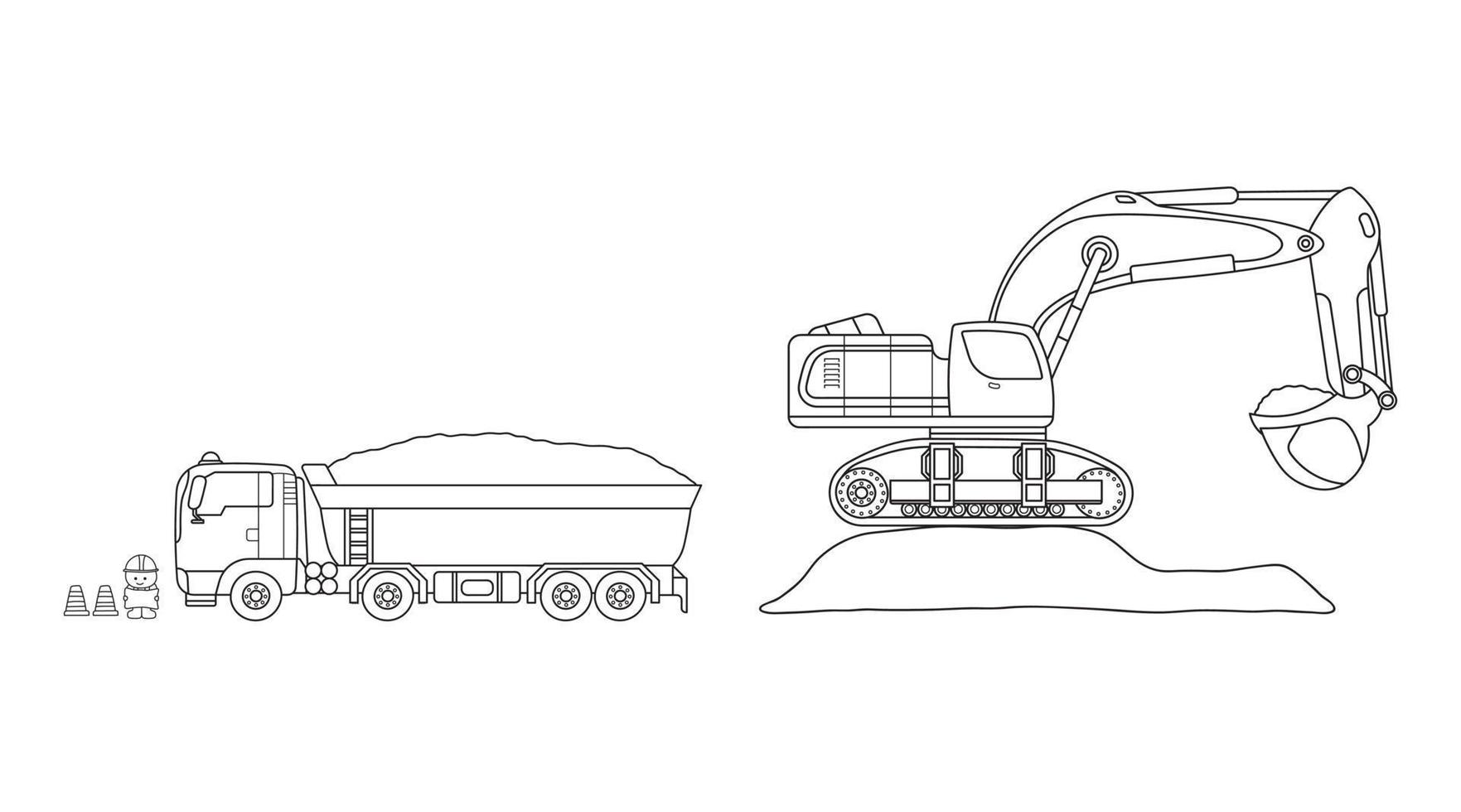 Hand drawn Vector illustration color children construction excavator on top of dirt and dump truck carrying dirt with construction worker