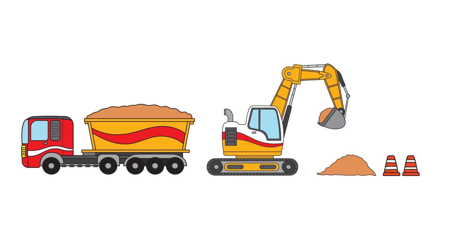 Vector illustration color children construction mini excavator, dump truck, and traffic cones