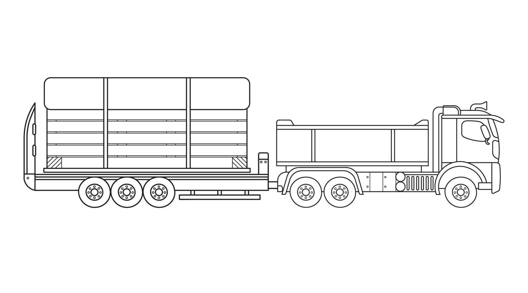 Hand drawn Vector illustration color children construction semi trailer truck with large wooden shipping crate clipart