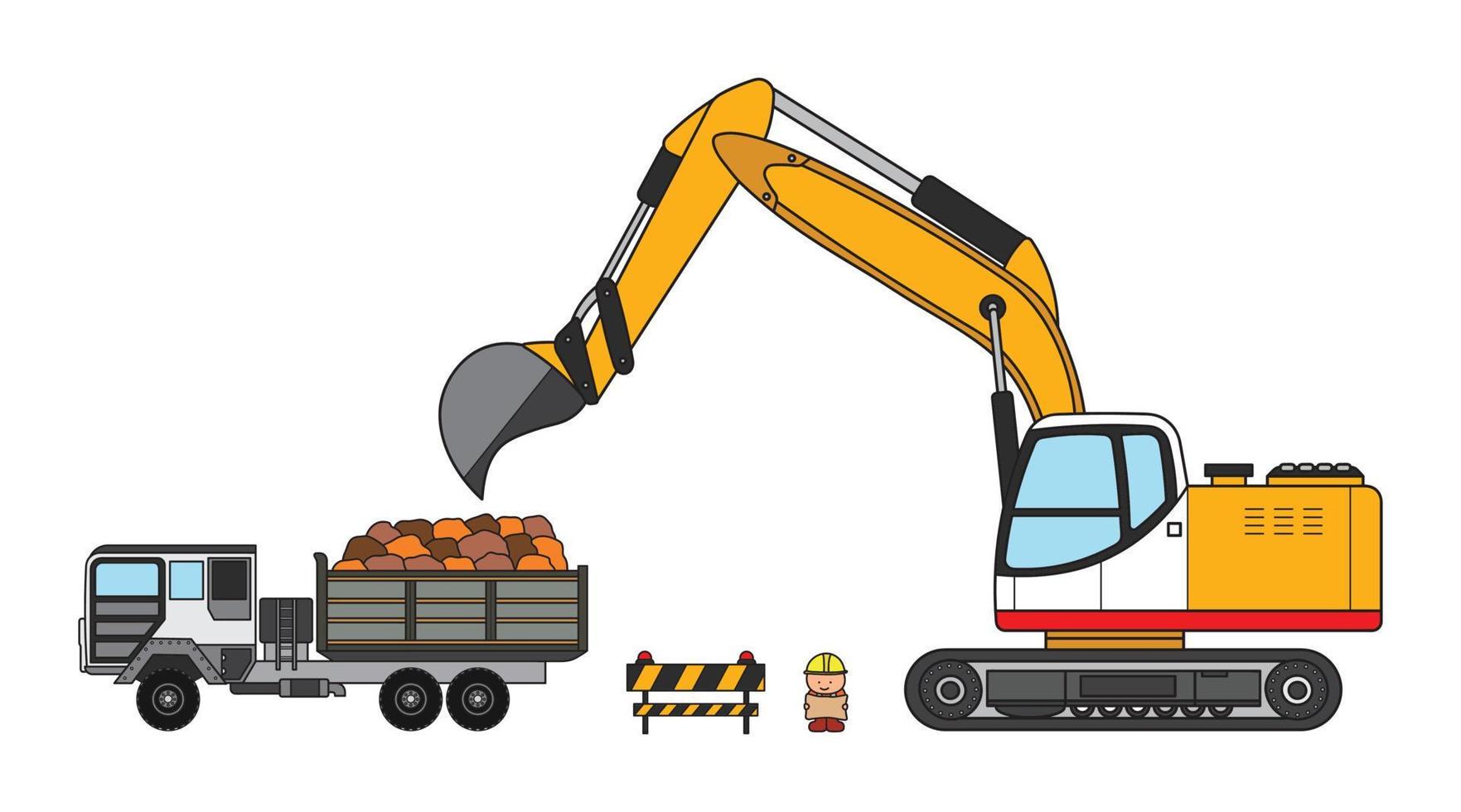 Vector illustration color children construction excavator crawler and dump truck carrying rocks with construction worker clipart