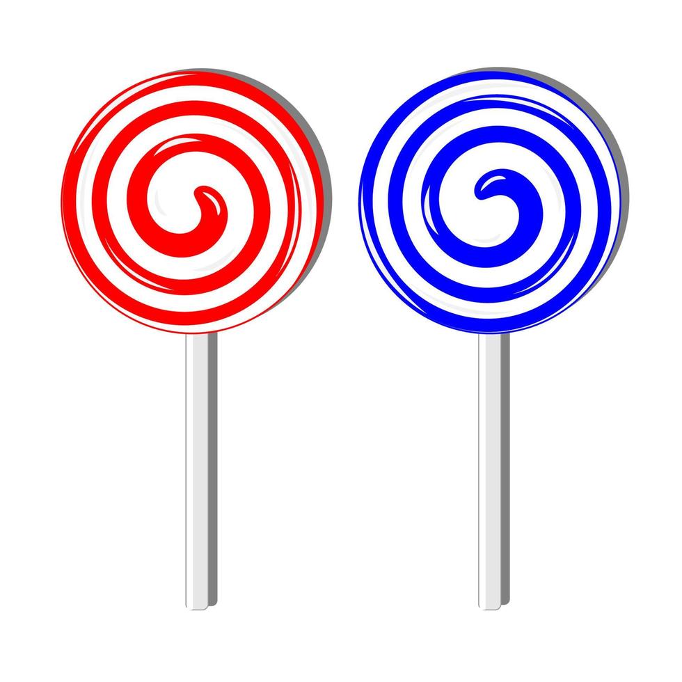Sweet lollipops, spiral sugar candies on stick, white red and white blue design vector illustration
