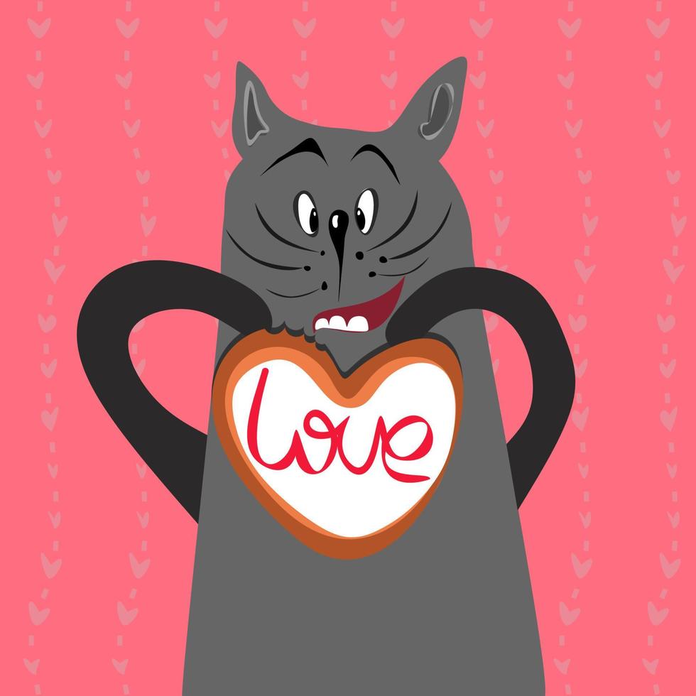 Happy valentines cat and hearts cookies card. Romantic Valentines Day greeting card or poster. 14 February vector