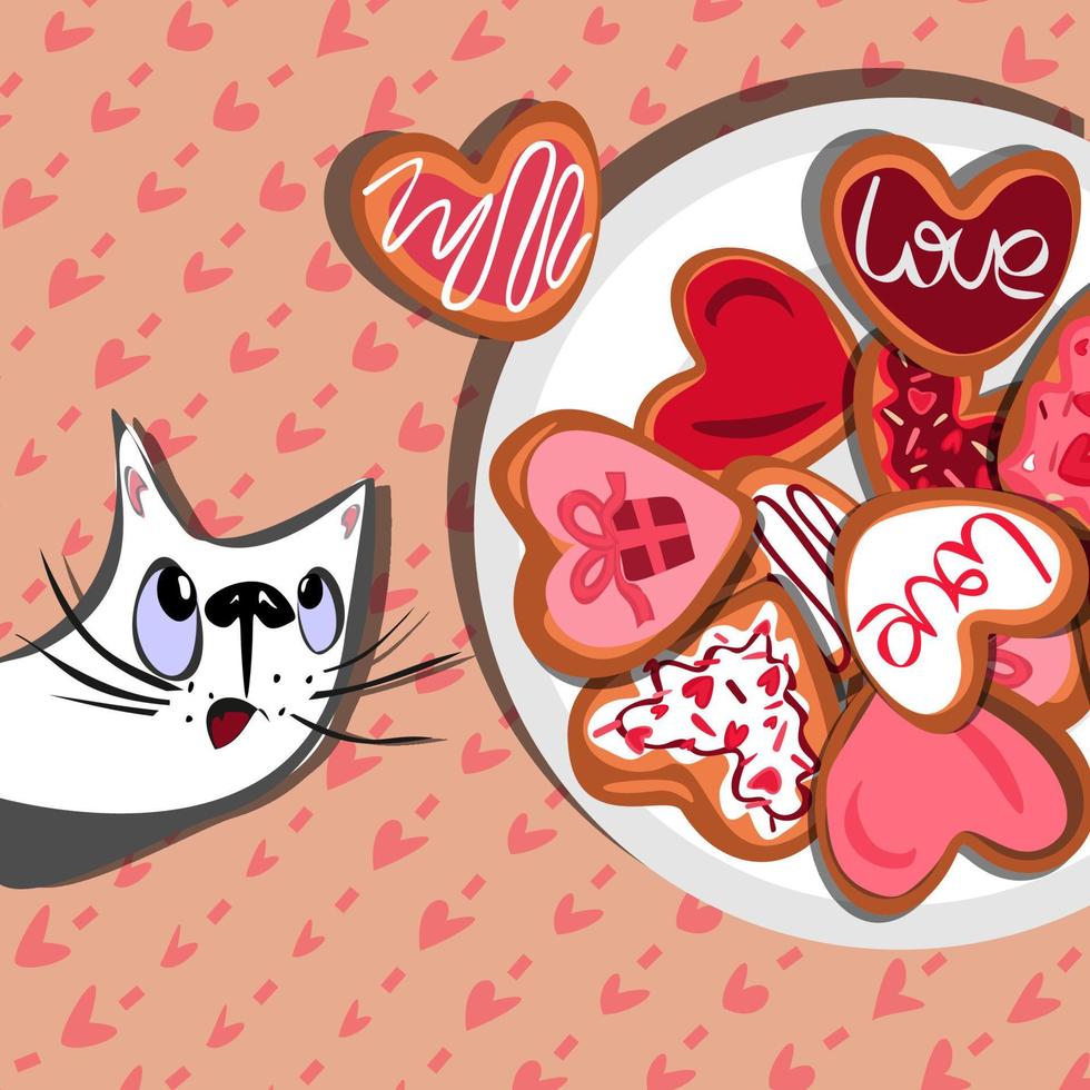 Happy valentines cat and hearts cookies card. Romantic Valentines Day greeting card or poster. 14 February vector