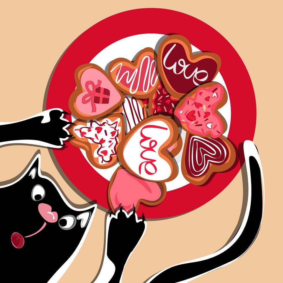 Happy valentines cat and hearts cookies card. Romantic Valentines Day greeting card or poster. 14 February vector