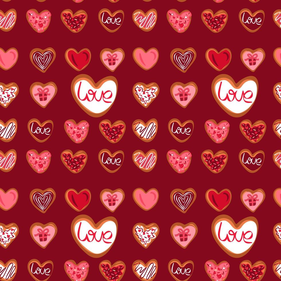 Happy valentines cat and hearts cookies card. Romantic Valentines Day greeting card or poster. 14 February vector