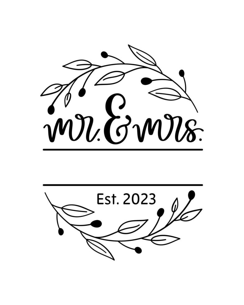 Hand lettering mr and mrs wedding bride groom couple love heart typography words calligraphy greeting card invitation background vector