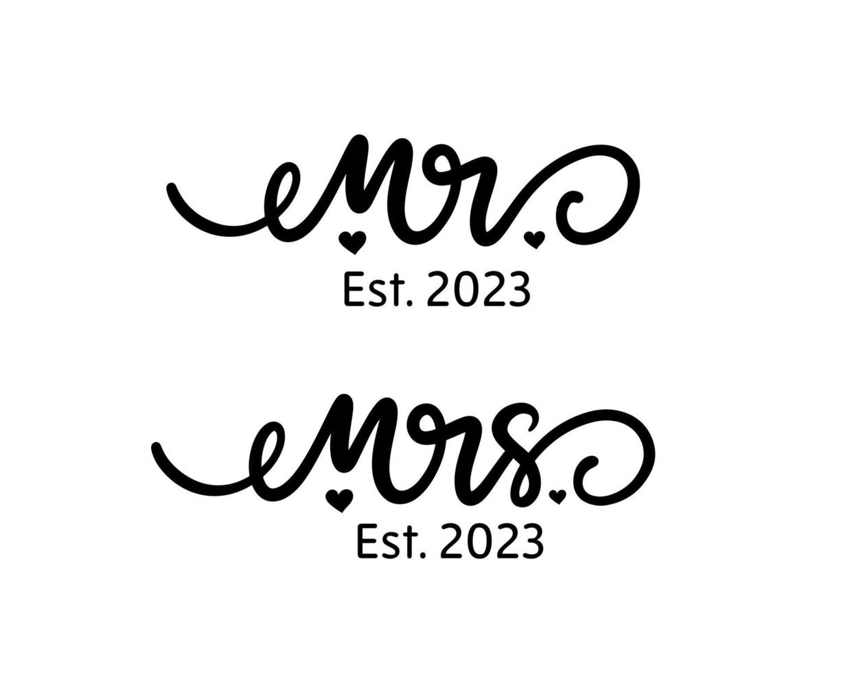 Hand lettering mr and mrs wedding bride groom couple love heart typography words calligraphy greeting card invitation background vector