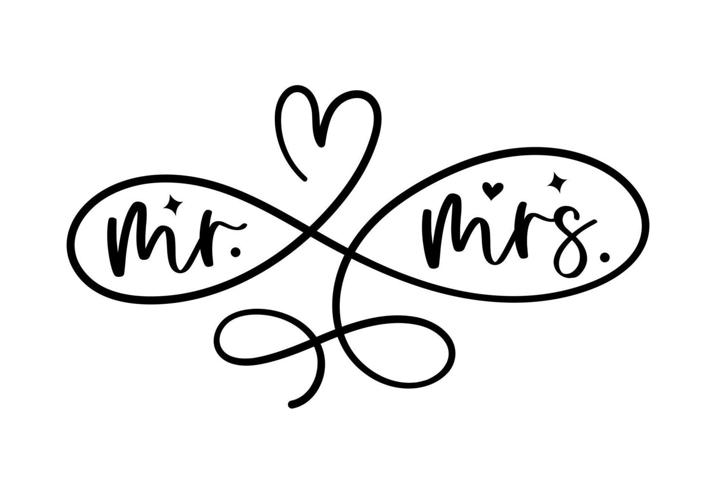 Hand lettering mr and mrs wedding bride groom couple love heart typography words calligraphy greeting card invitation background vector