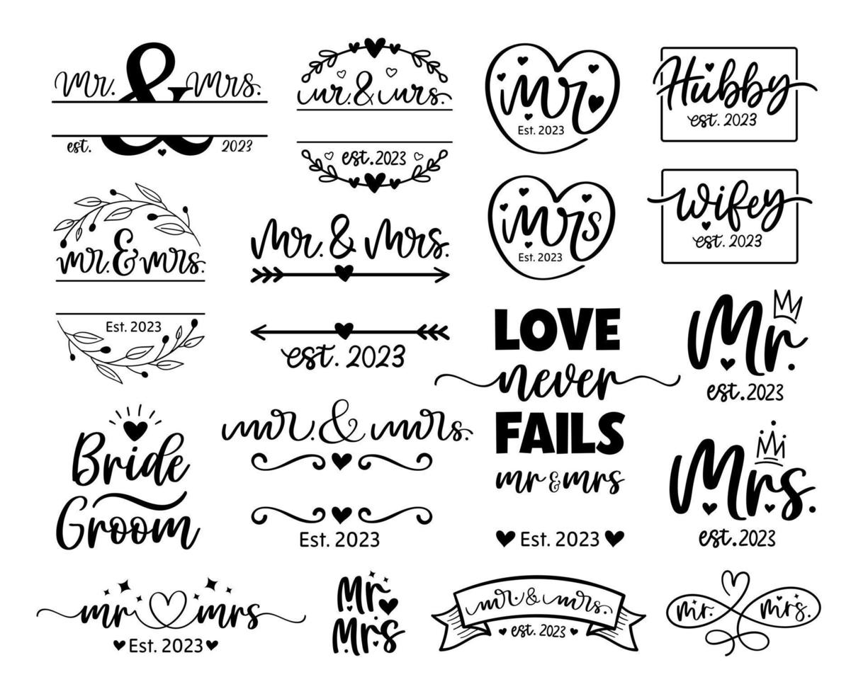 Hand lettering mr and mrs wedding bride groom couple love heart typography words set calligraphy greeting card invitation background vector