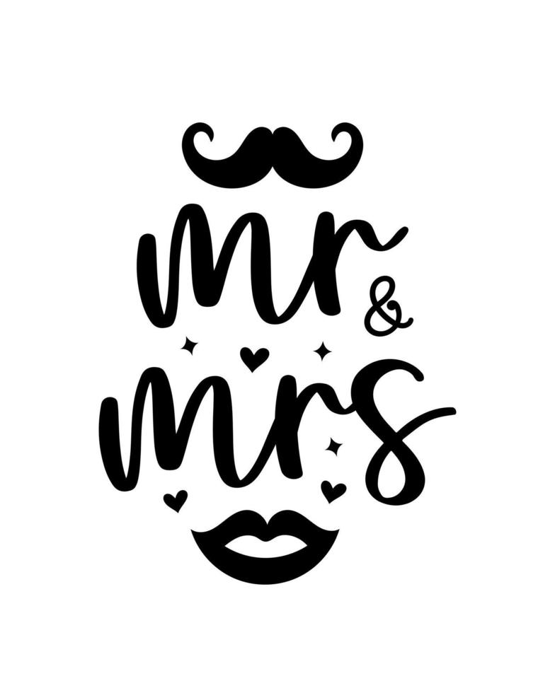 Hand lettering mr and mrs wedding bride groom couple love heart typography words calligraphy greeting card invitation background vector