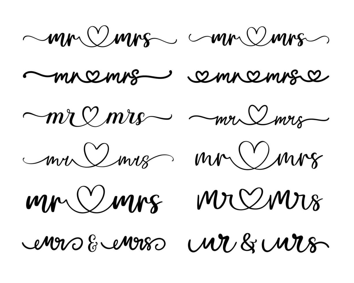 Hand lettering mr and mrs wedding bride groom couple love heart typography words set calligraphy greeting card invitation background vector