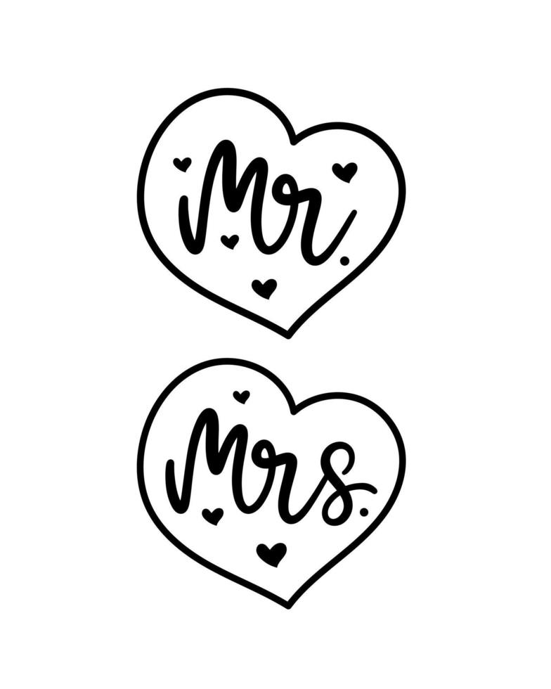 Hand lettering mr and mrs wedding bride groom couple love heart typography words calligraphy greeting card invitation background vector