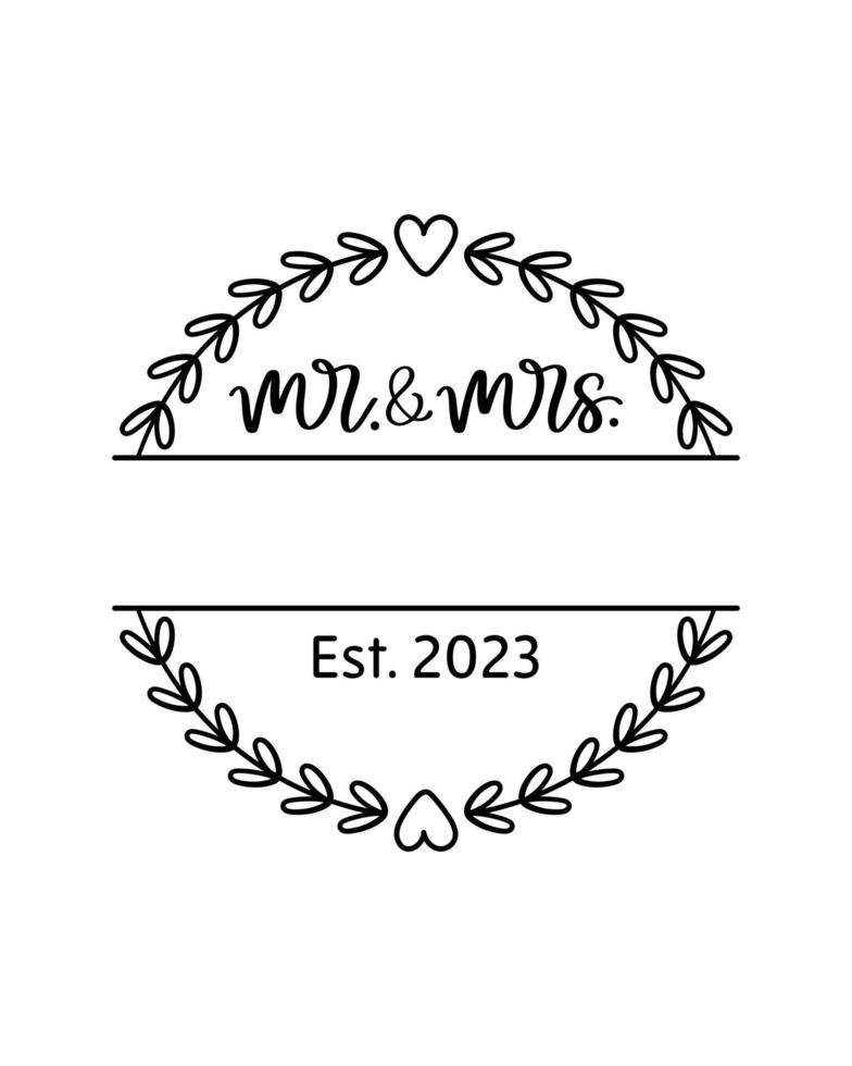 Hand lettering mr and mrs wedding bride groom couple love heart typography words calligraphy greeting card invitation background vector