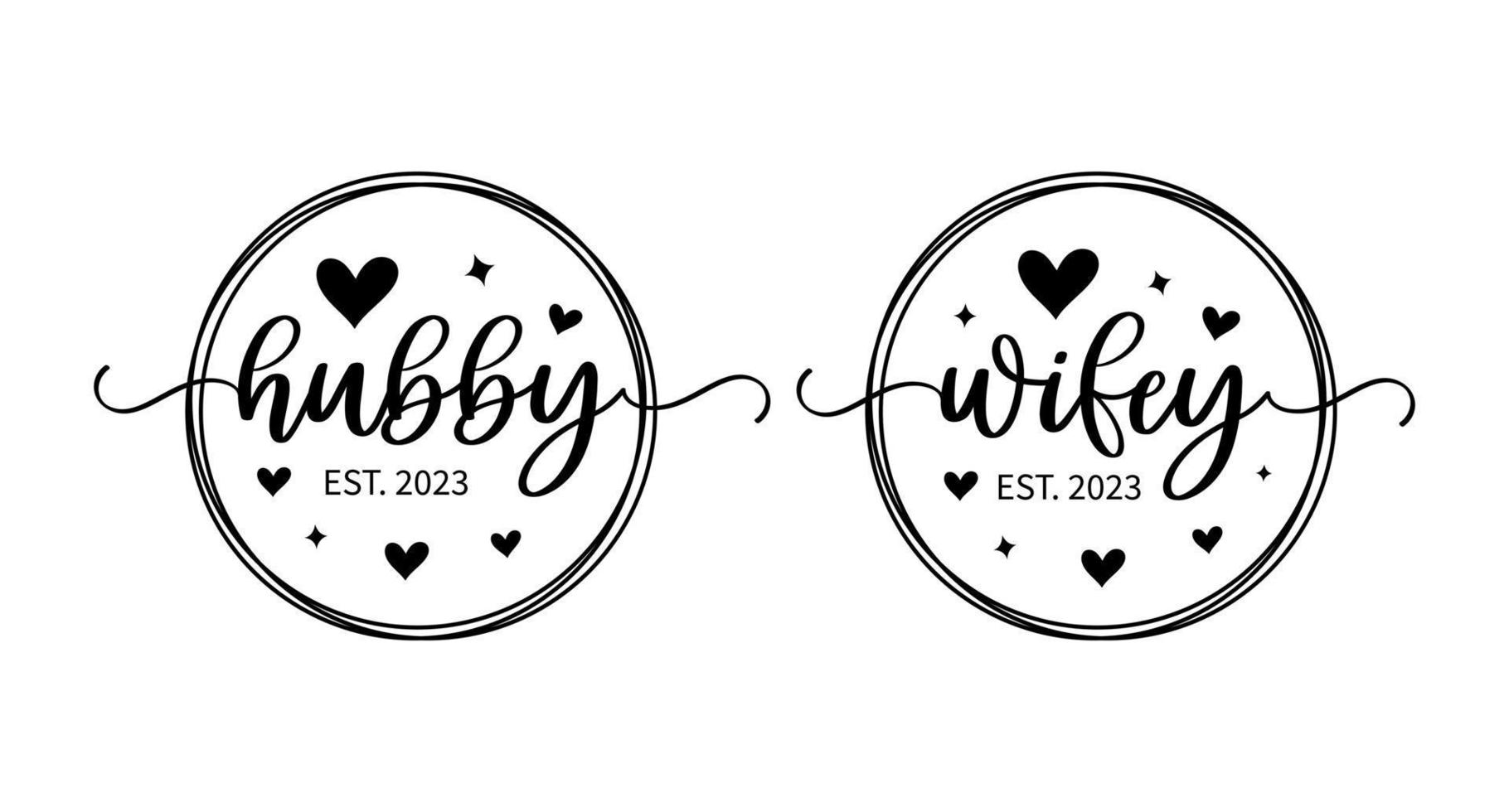 Hand lettering hubby wifey mr and mrs wedding bride groom couple love heart typography words calligraphy greeting card invitation background vector