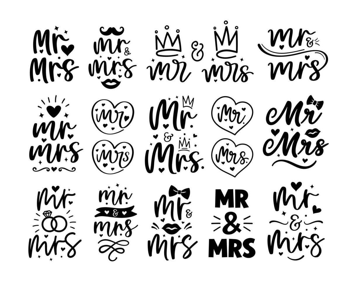 Hand lettering mr and mrs wedding bride groom couple love heart typography words set calligraphy greeting card invitation background vector