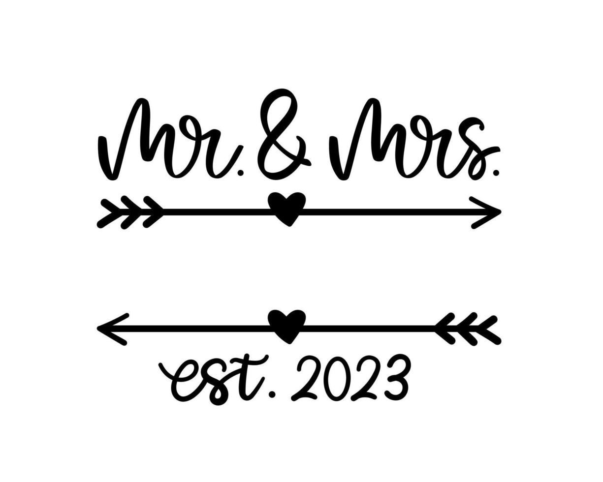 Hand lettering mr and mrs wedding bride groom couple love heart typography words calligraphy greeting card invitation background vector