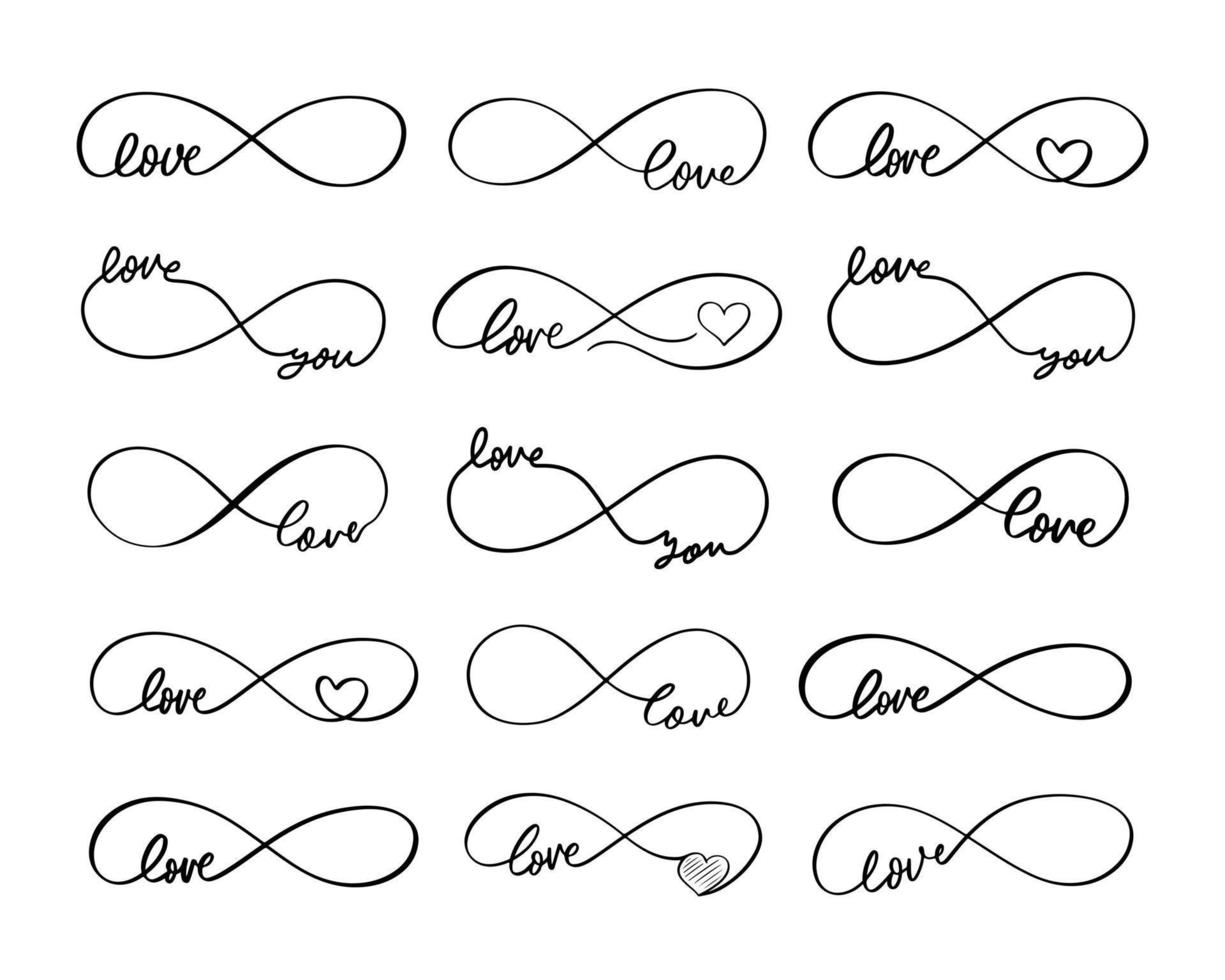 Hand lettering love heart infinity symbol with word set love you hand drawn love flourish infinity hearts decorative flourishes greeting card background vector