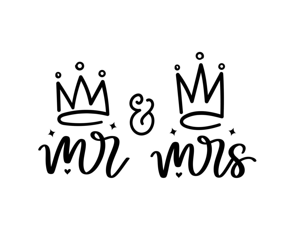 Hand lettering mr and mrs wedding bride groom couple love heart typography words calligraphy greeting card invitation background vector