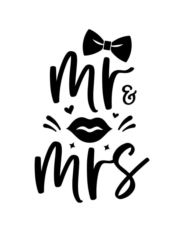 Hand lettering mr and mrs wedding bride groom couple love heart typography words calligraphy greeting card invitation background vector