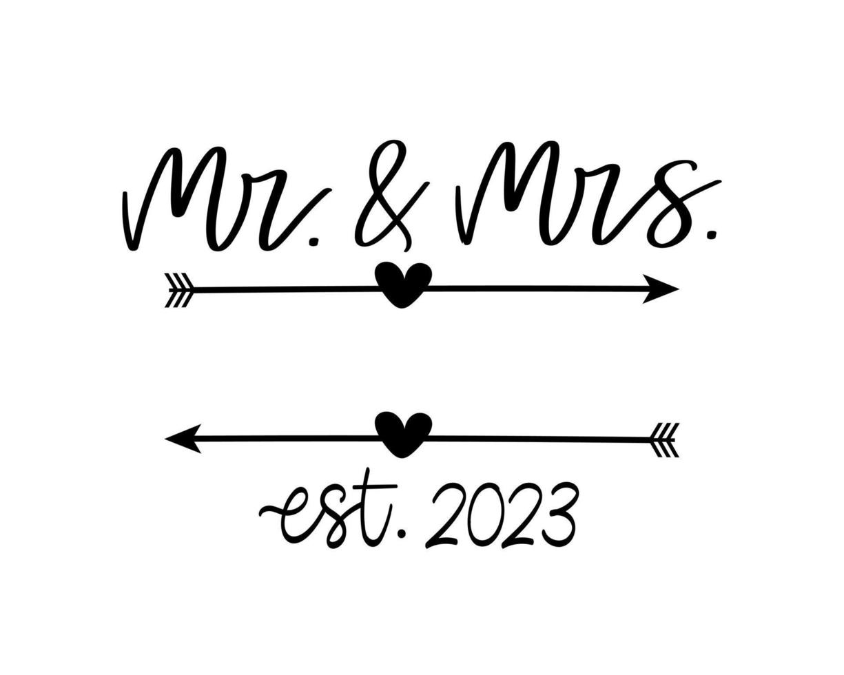 Hand lettering mr and mrs wedding bride groom couple love heart typography words calligraphy greeting card invitation background vector