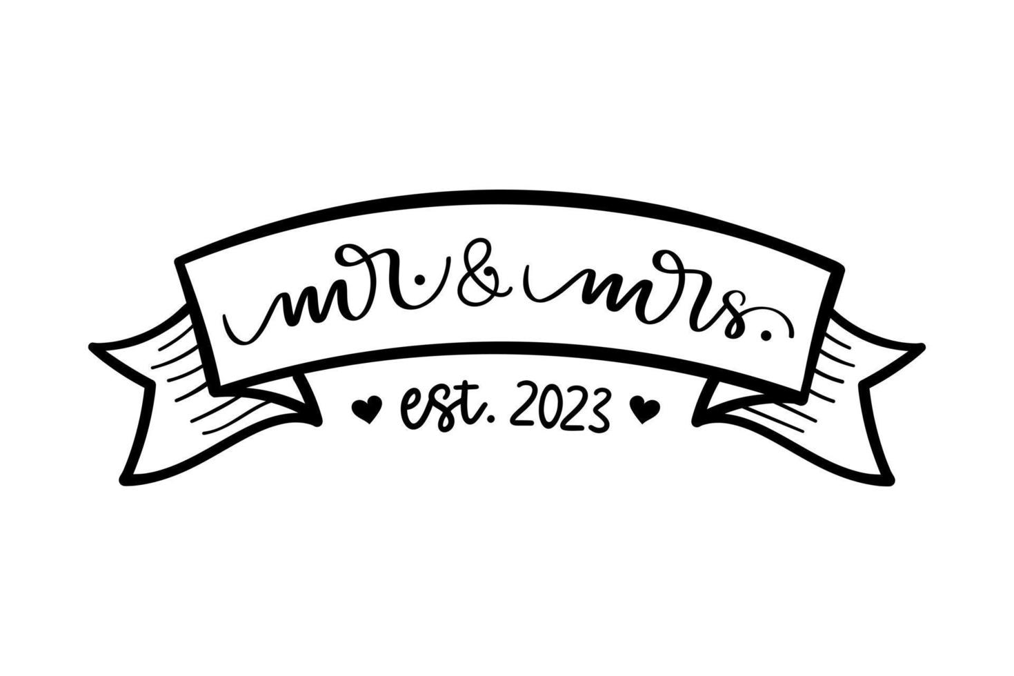 Hand lettering mr and mrs wedding bride groom couple love heart typography words calligraphy greeting card invitation background vector