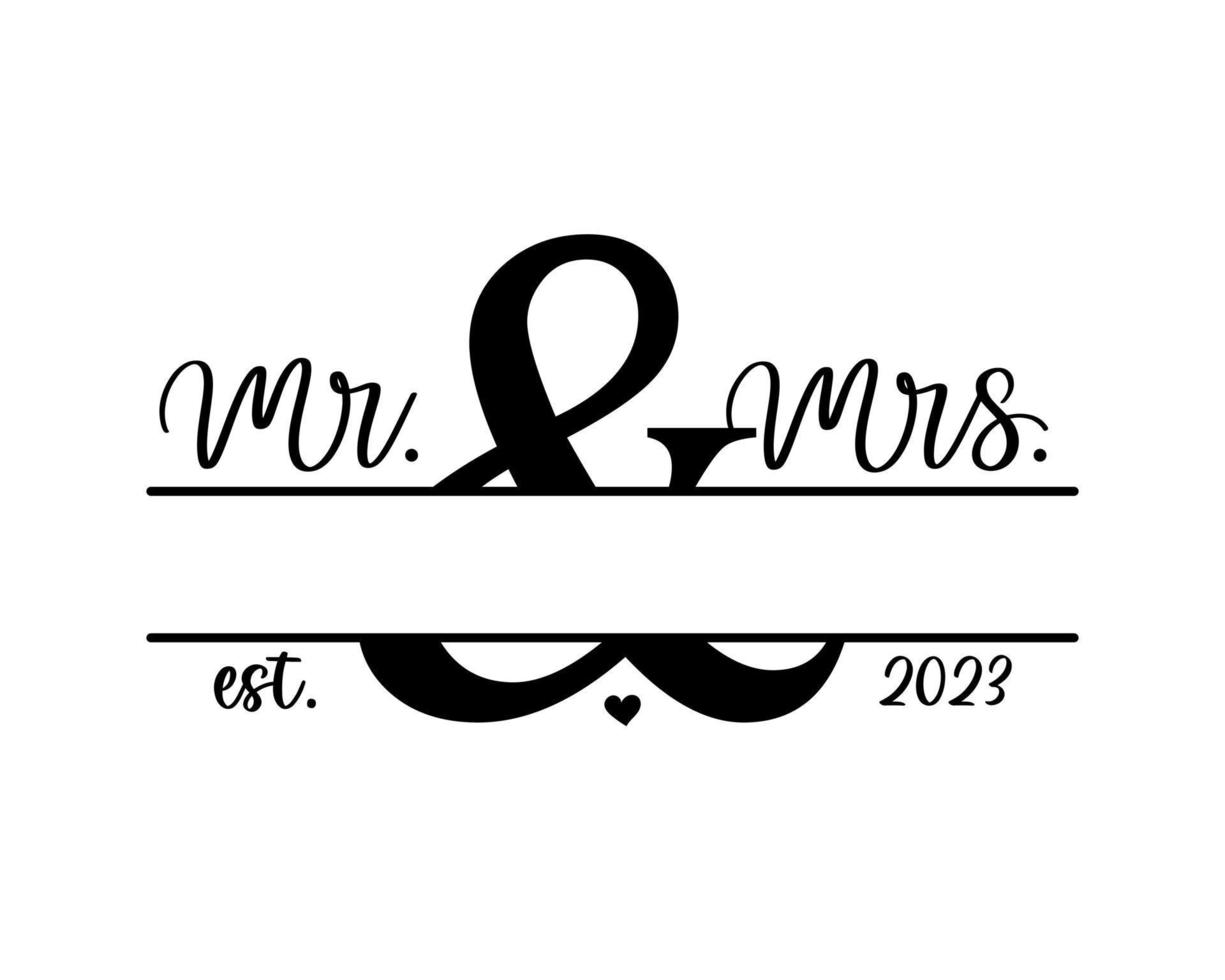 Hand lettering mr and mrs wedding bride groom couple love heart typography words calligraphy greeting card invitation background vector