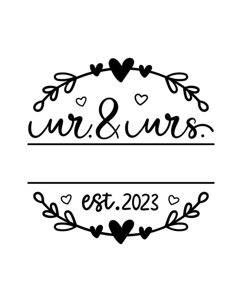 Hand lettering mr and mrs wedding bride groom couple love heart typography words calligraphy greeting card invitation background vector