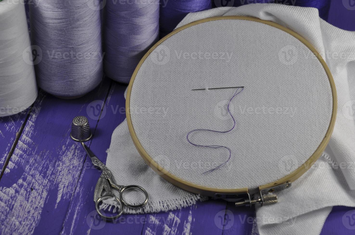 items for sewing and crafts hoop, thread, scissors photo