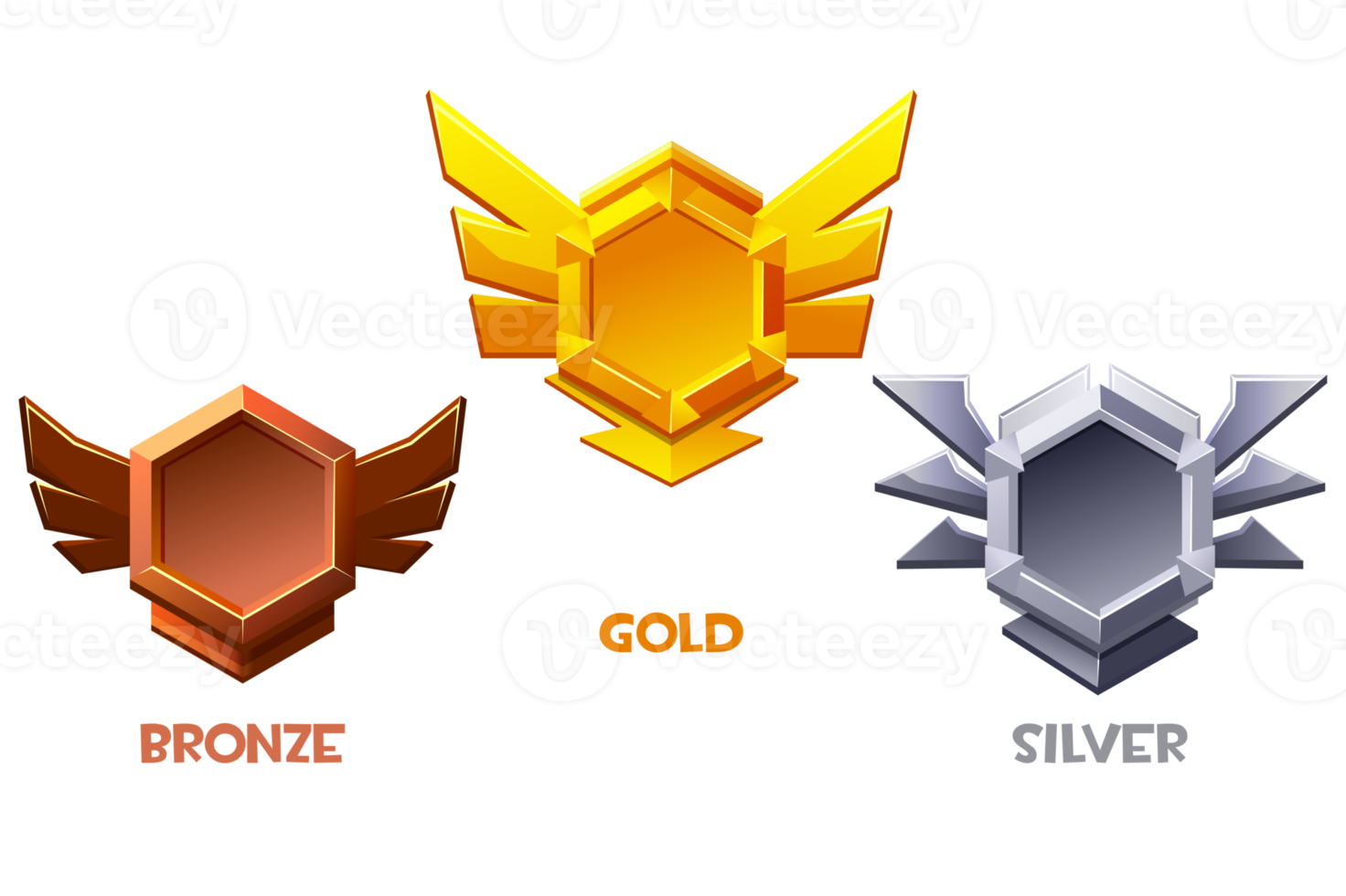 Set of game rank icons isolated. Bronze, silver and gold game badges buttons. Game Badges png