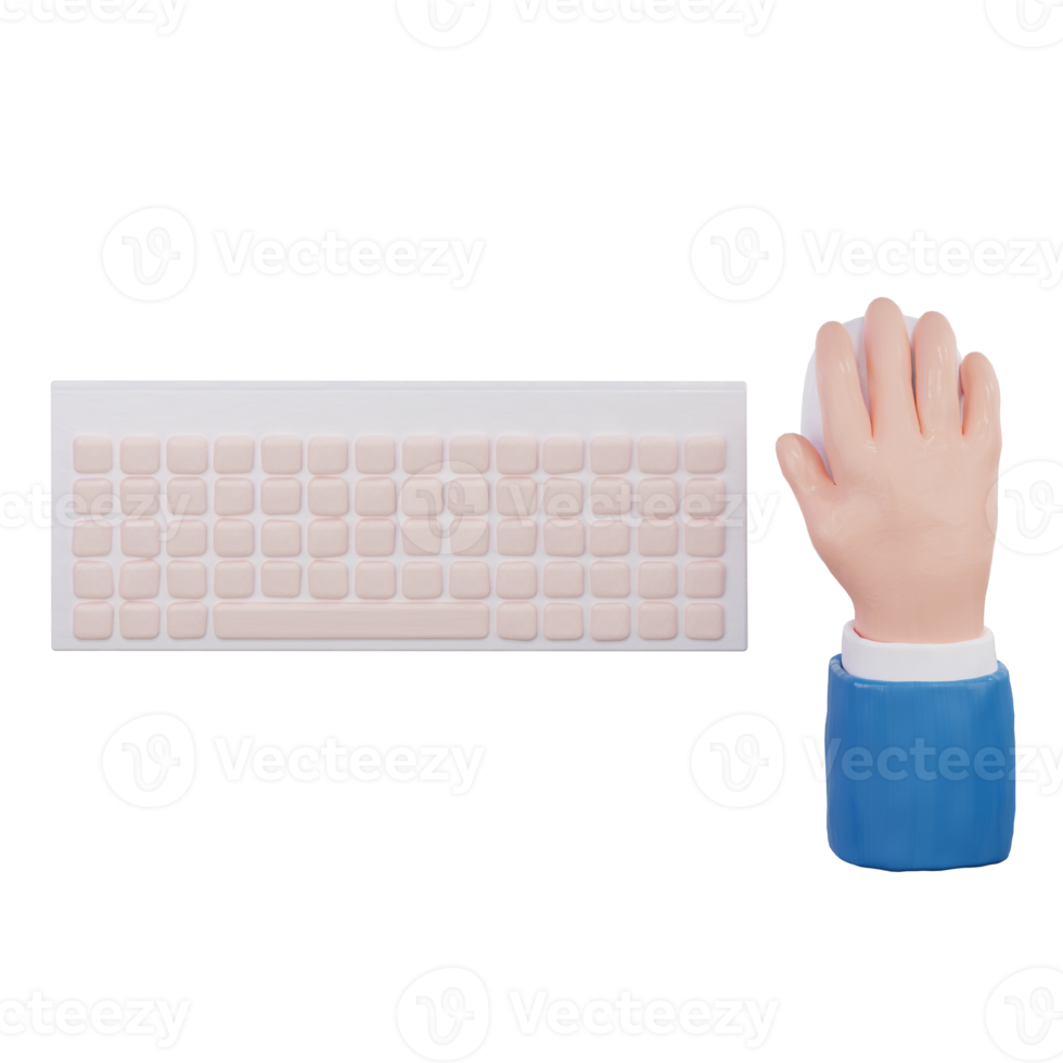 Hand with computer keyboard and mouse 3D Rendering png